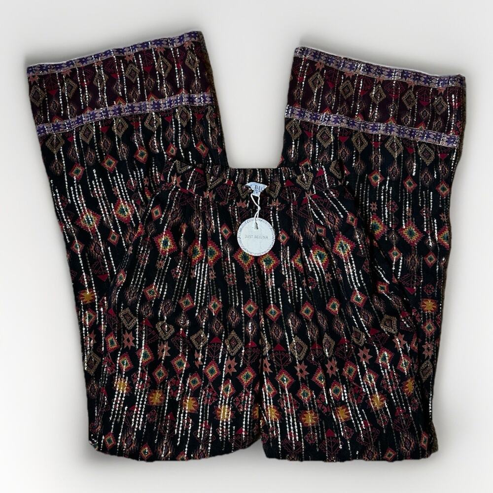 Just Bellina Wide Leg Pants Boho Festival Elastic Waist NWT Small Metallic Aztec